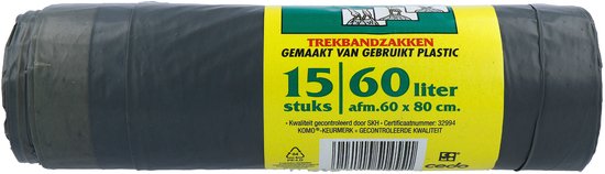 KOMO Afvalzakken met Trekband - 60 Liter - 15 Stuks