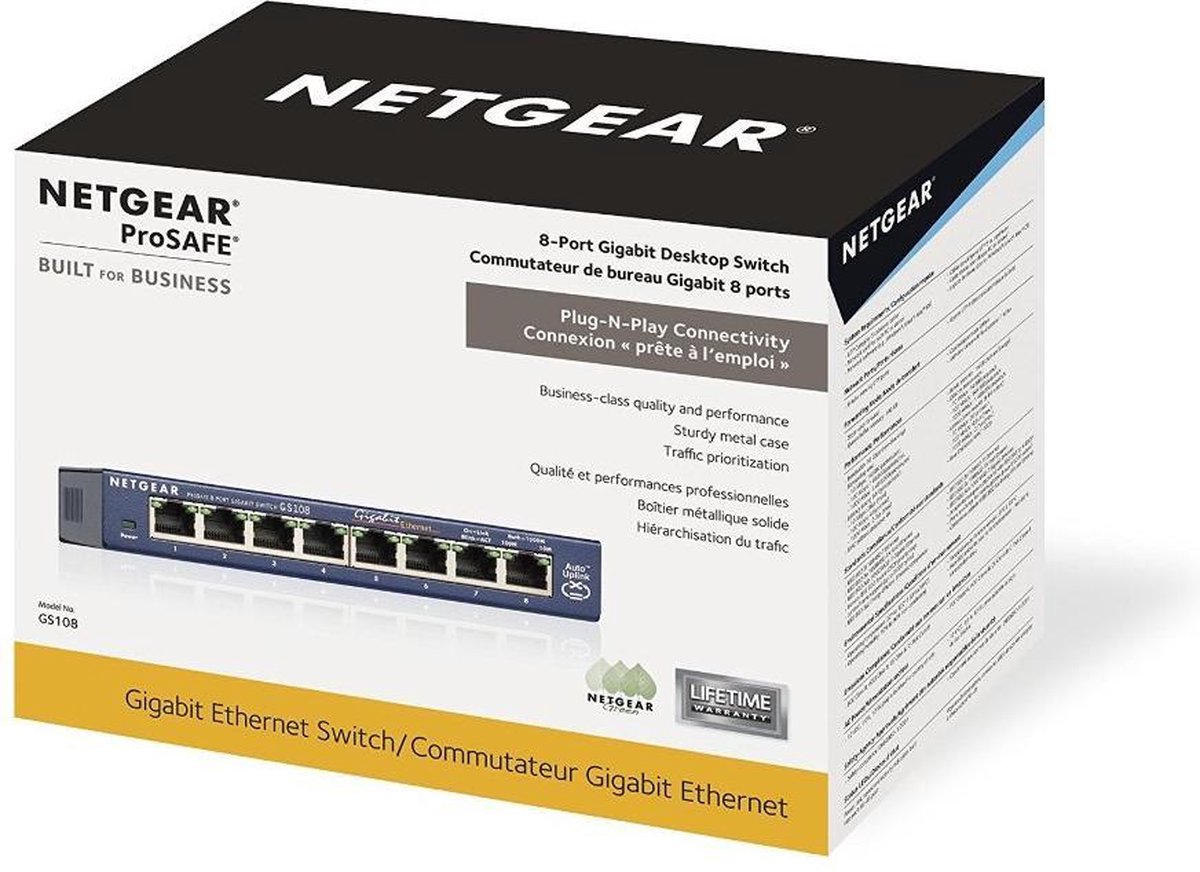 Netgear ProSAFE GS108 - Netwerkswitch - Unmanaged - 8 Gigabit Ethernet poorten