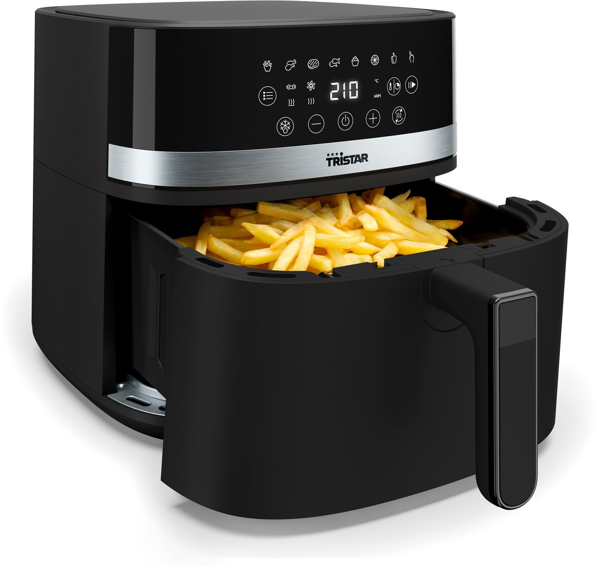 air fryer, frites, digital display, mandje met drop-in, zwarte apparaat