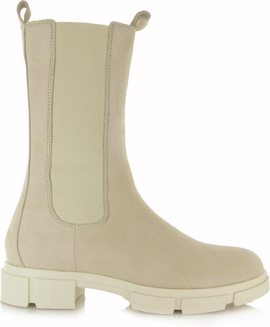 PS Poelman Lynn - Maat 36 - Dames Nubuck Leren Chelsea Enkellaarzen met Elastiek - Licht Beige Taupe