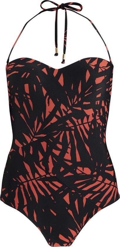 badpak, badpak met halter, zwart met oranje print, halterneck badpak, eéndelig badpak