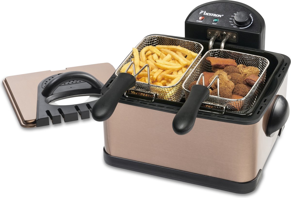Bestron Frituurpan 4.5 liter - DF402CO - Friteuse 2000W - 1 grote, 2 kleine manden, kijkvenster - Koper
