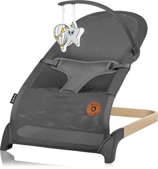 stoel, babystoel, houten frame, grijs, mesh bekleding