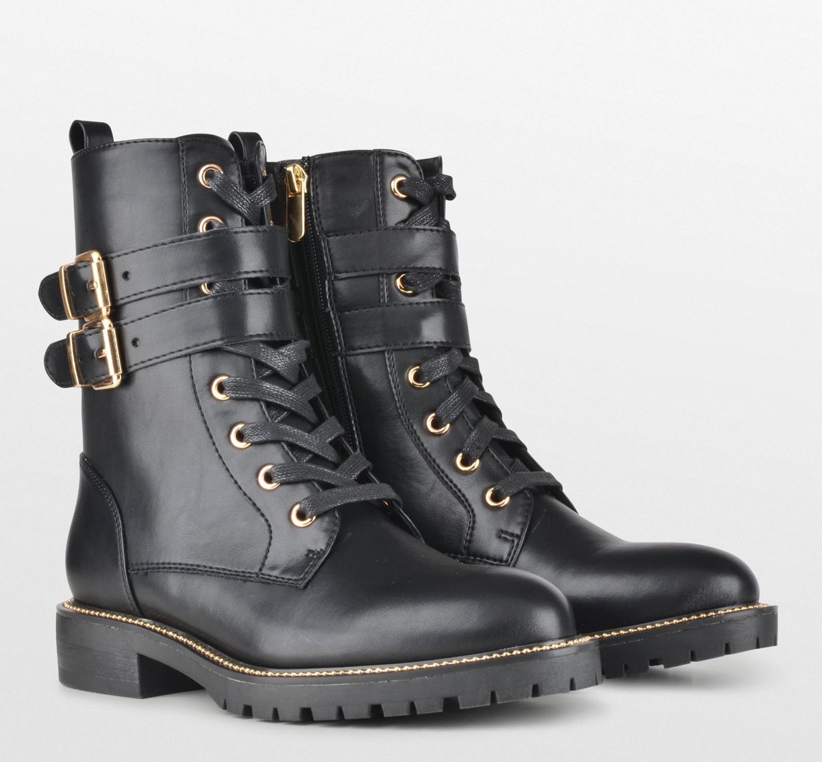 PS Poelman - maat 40- Dames - DUNGABALL PU Imitatieleren Biker Veter Laarzen Boots met Gouden Gespen