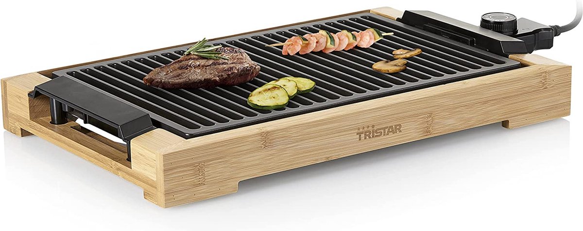 Tristar BP-2785 Grill & Elektrische barbecue – BBQ & Grillplaat Bamboe – Bakoppervlakte: 37 x 25 cm