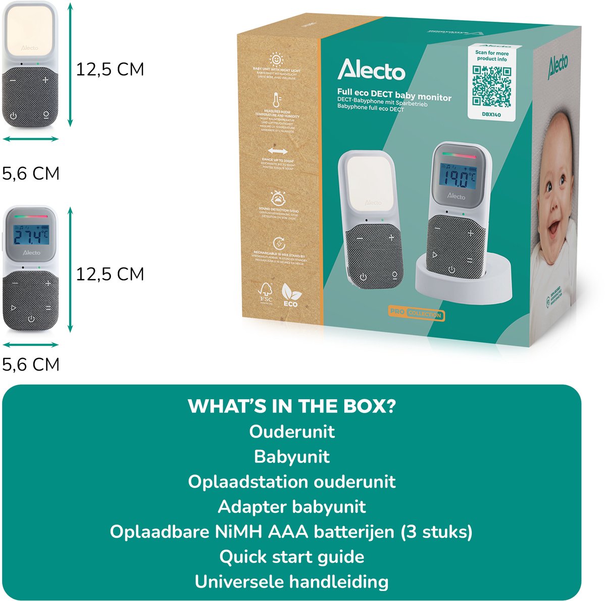 Alecto Babyfoon - Full Eco DECT Audio Babyfoon - Nachtlampje en Slaapliedjes - DBX140 - Wit Grijs