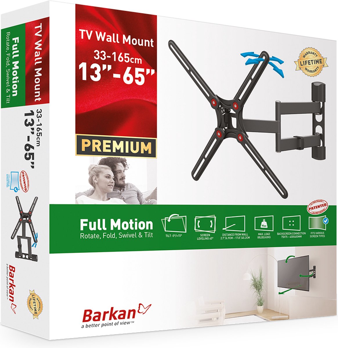 Barkan Muurbeugel 29 inch - 65 inch/74cm - 165cm - Vlak/Gebogen TV - Kijkhoek, Uittrekbaar, Draaibaa
