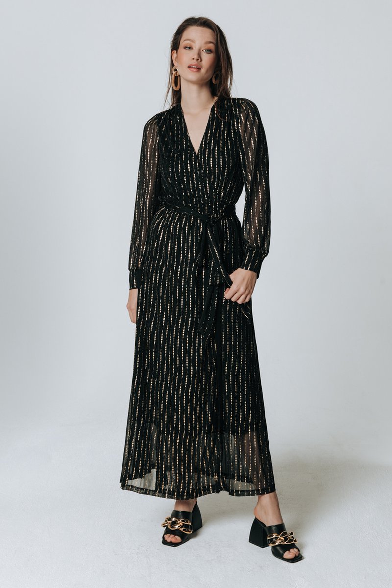 jurk, lange jurk, zwarte jurk, glinsterende stof, gordel zoom