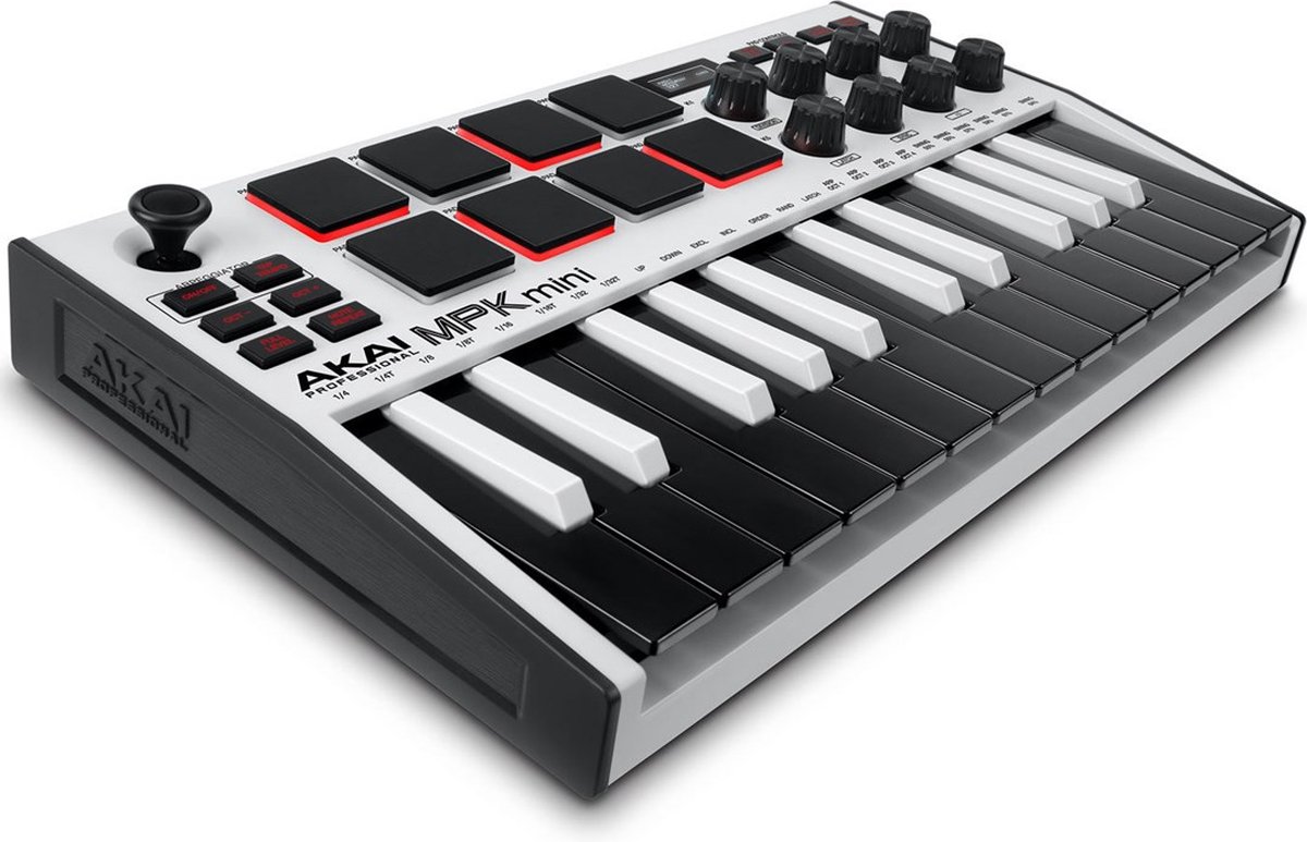 mini keyboard, MIDI-controller, 8-voice, zwarte-witte-toetsen, pads en knoppen
