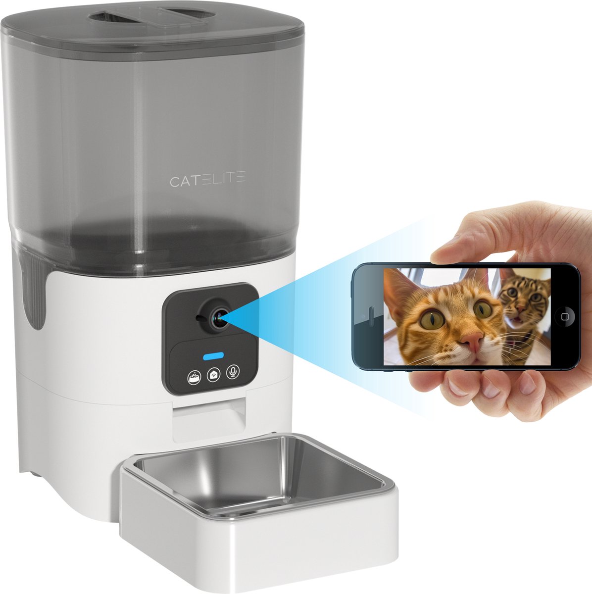 Automatische Voerbak Kat - 6L Voerdispenser RVS - HD Camera &amp; Audio - Dual WiFi 5Ghz &amp; 2.4Ghz - Night Vision - Voerautomaat Dispenser met Smart App - Voor Droogvoer - Wit