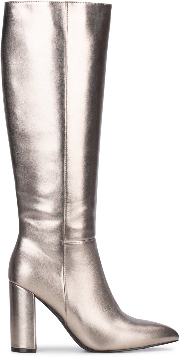 bota tall, kniehoge laarzen, metallic leer, zilveren kleur, hak blok