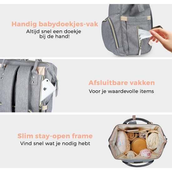 LifeGoods Luier- en Verzorgingstas - 23.8 Liter - Met Kinderwagen en Buggy Haak - Grijs
