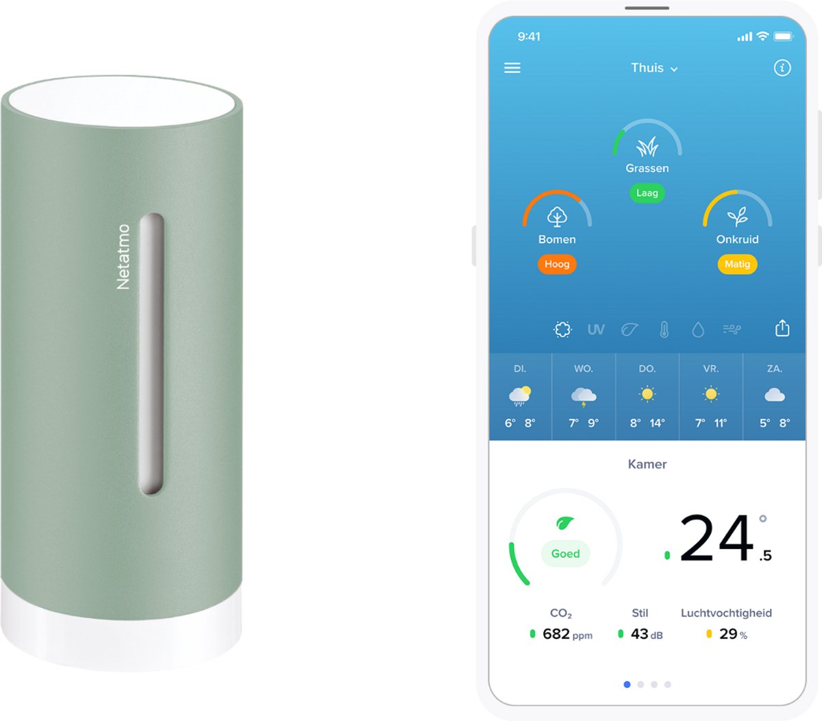 luchtbevochtiger, netatmo, verticale sleuf, groene kleur, modern ontwerp
