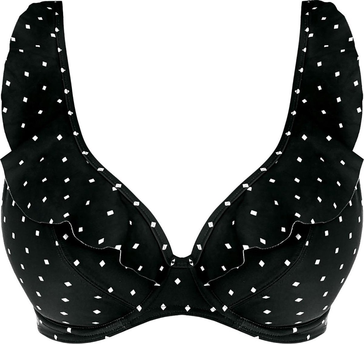 black bh, polkadot, padded bra, plunge neckline, underwire