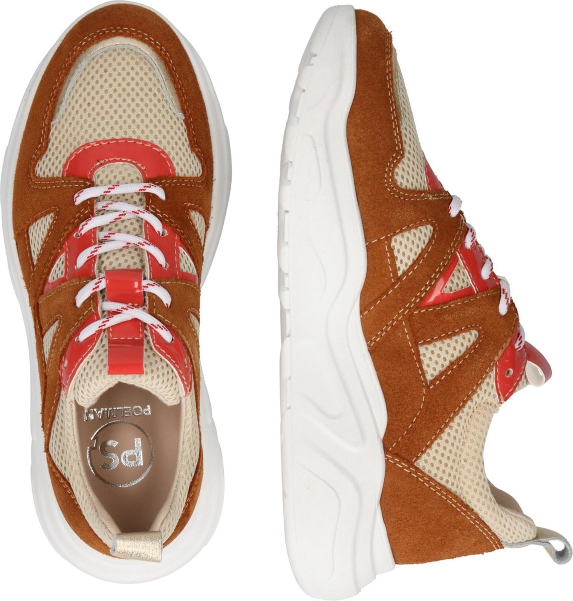PS Poelman Year Dames Leren Chunky Runner Sneaker - 38 - van Mesh en Suéde - Bruin Beige Rood - Maat