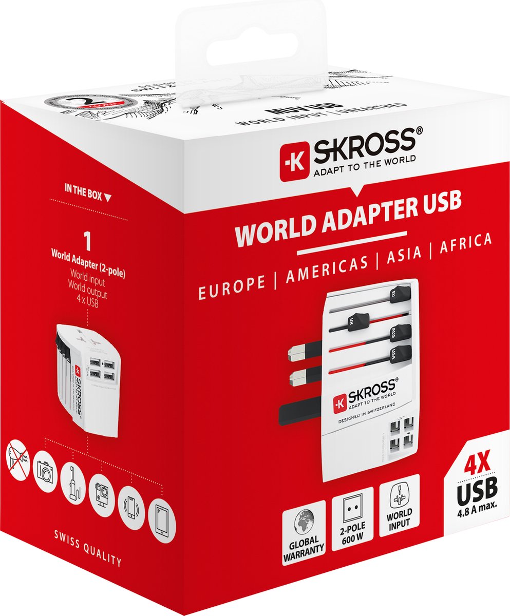 wereldstekker, USB, adapter, 2-polen, 4xUSB