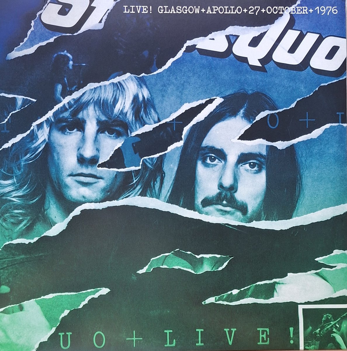 rock poster, torn collage, blue-green, live concert, band portrait