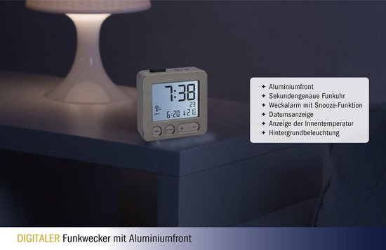 TFA Digitale Wekker - Zilver - Meet Binnentemperatuur  - Datum - Alarm - Achtergrondverlichting