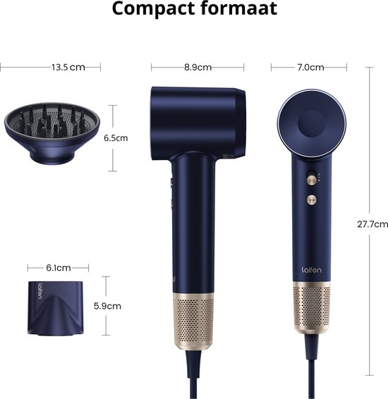 Laifen Swift Premium High Speed Föhn - Donkerblauw/Goud - Haardroger met ionische technologie - 3 wa