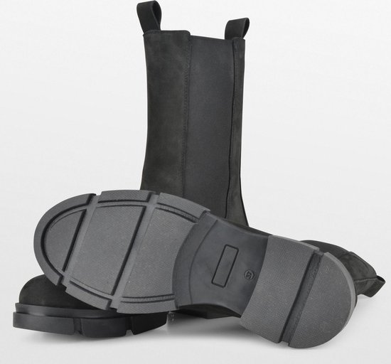 PS Poelman Lynn Dames Nubuck Leren Chelsea- Maat 41 - Enkellaarzen met Elastiek - Zwart