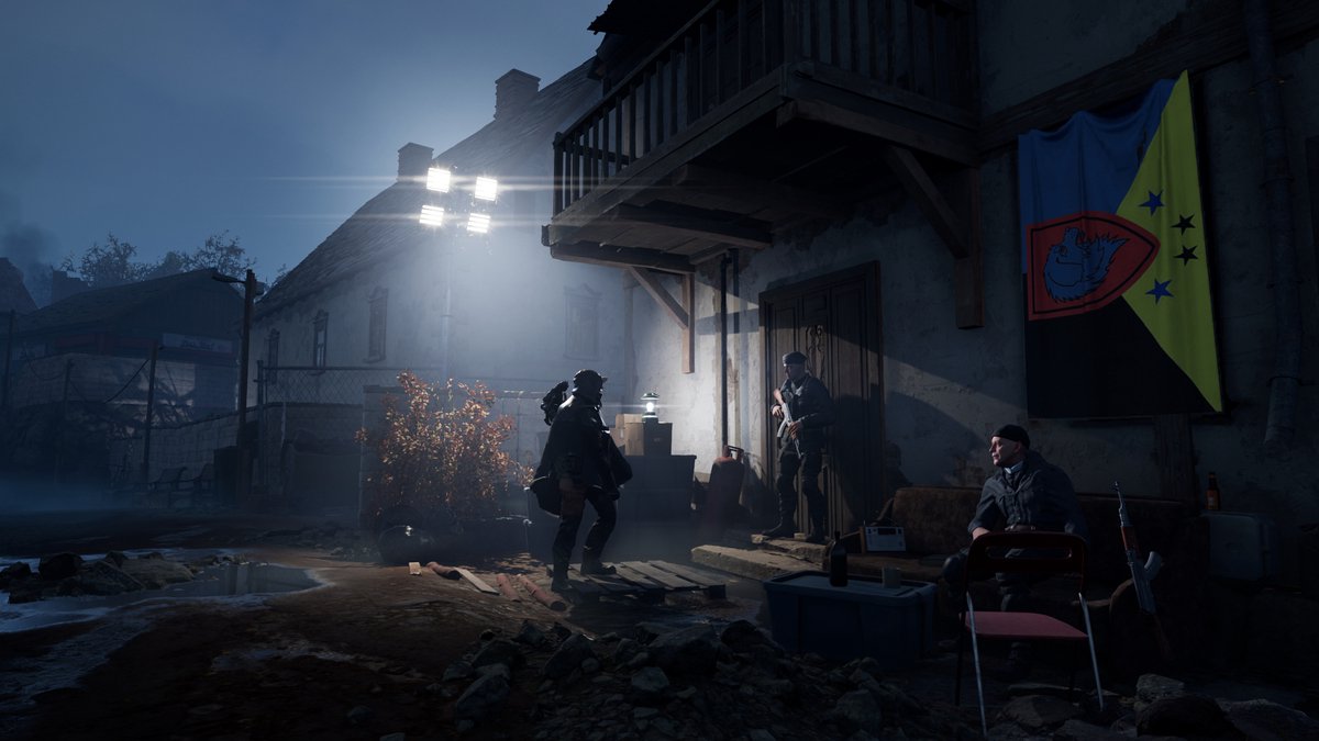nacht, buitenpost, soldaten, vlagg en banner, kampvuur