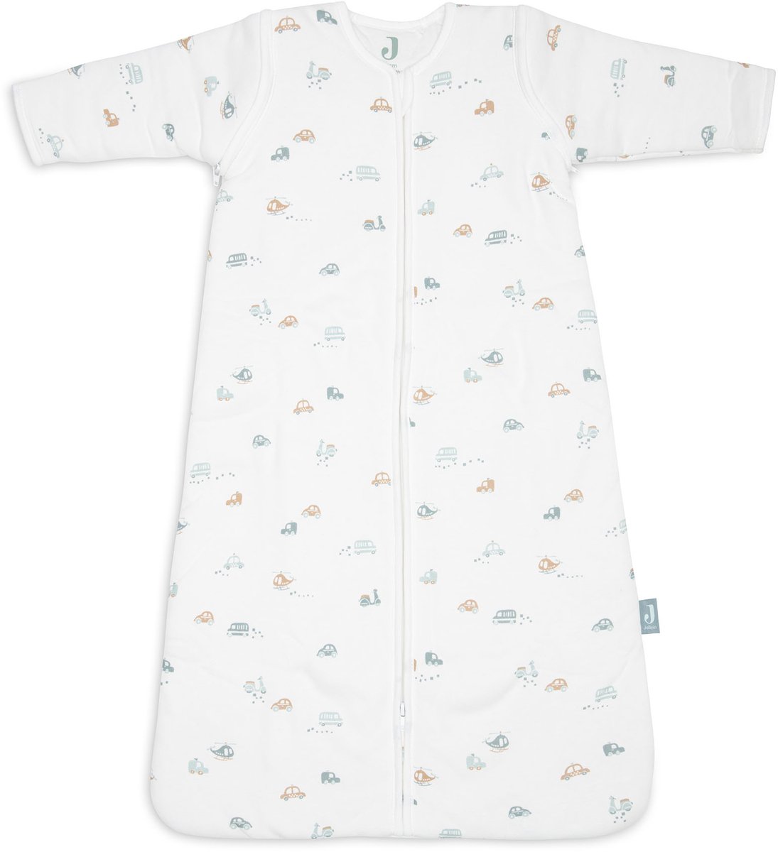 baby slaapzak, rits, witte stof, auto‑motief, katoen