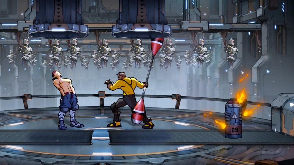 fighting ring, combat scene, muscled fighter, yellow shirt, rocket spear
