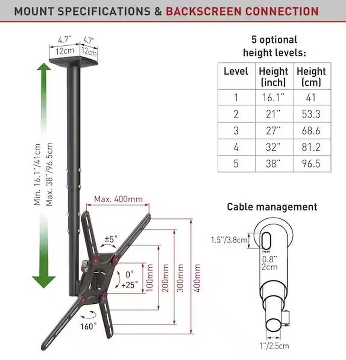 Barkan - Plafondbeugel 29 inch - 65 inch 74cm - 165cm - Vlak Gebogen TV - Kijkhoek, Uittrekbaar, Dra