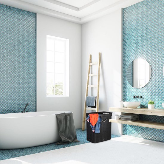 relaxdays wasmand met deksel - 2 vakken - bamboe wasbox - mand voor wasgoed zwart