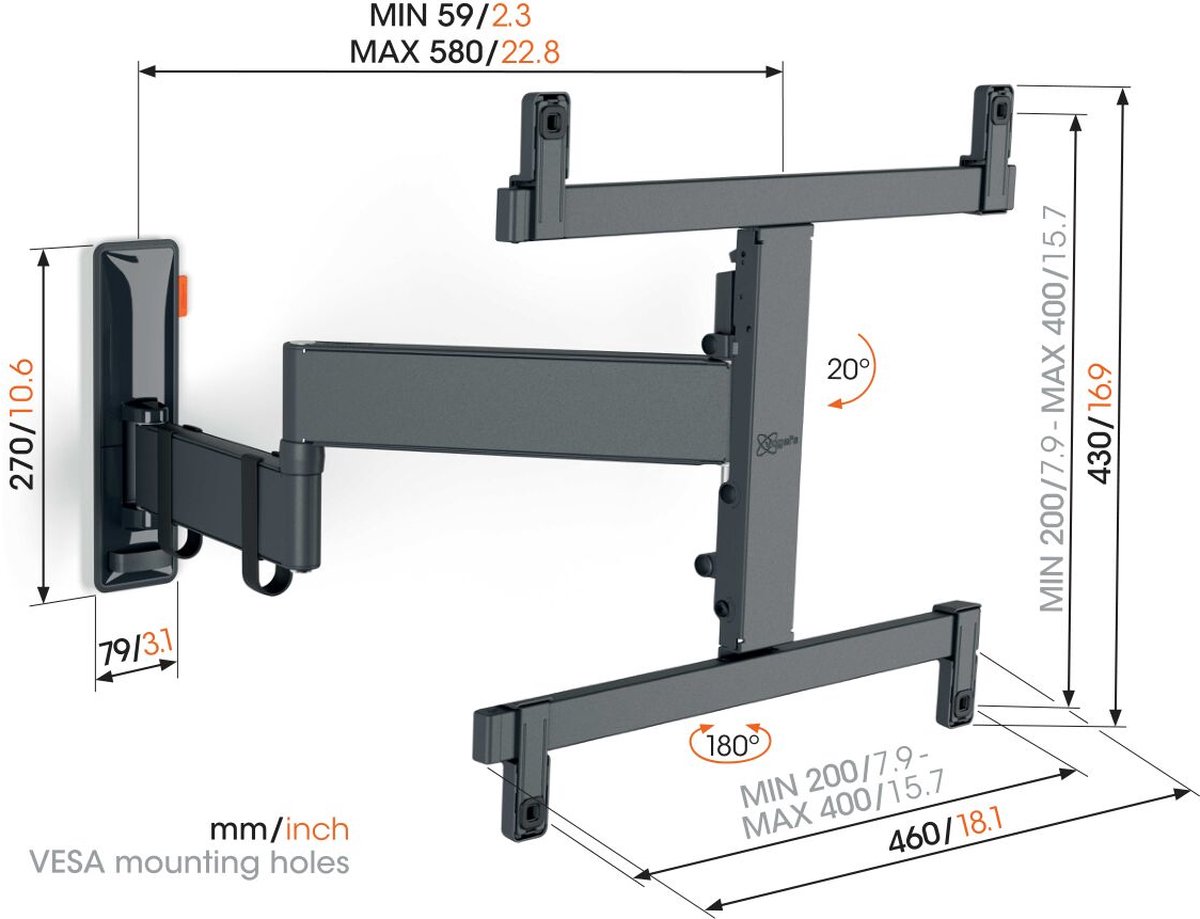 Vogel's TVM 3465 | Draai- en kantelbare tv-beugel OLED | 32-65" | max 25kg | VESA 400x400 | 58cm arm