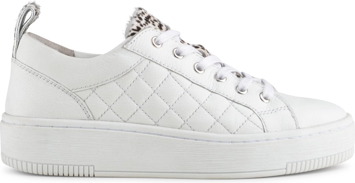 PS Poelman Esquimo Dames Quilted Leren Tennis Sneakers met Leopard Print - 36 - Wit