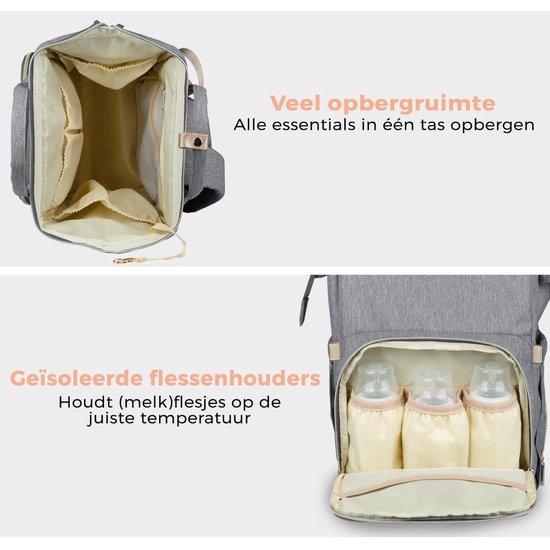 LifeGoods Luier- en Verzorgingstas - 23.8 Liter - Met Kinderwagen en Buggy Haak - Grijs