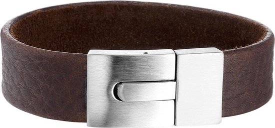 The Jewelry Collection - Armband Leder Mat 15 mm 21 cm - Staal