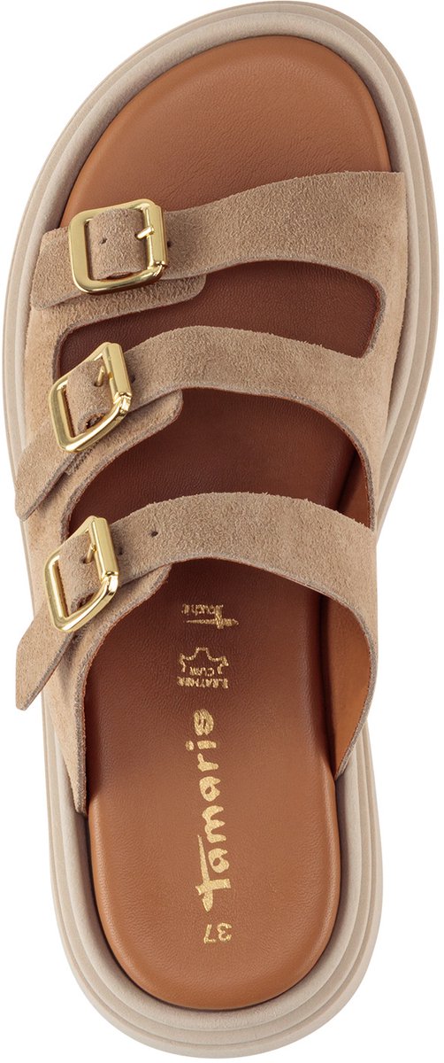sandalen, clogs, suède, drie banden, effen kleur
