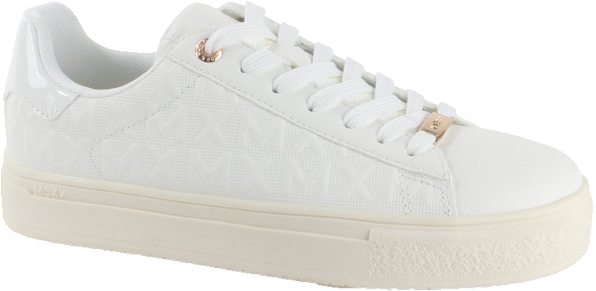 witte sneaker, platform zool, katoen/leer combinatie, logo geen zichtbaar, veterschoen