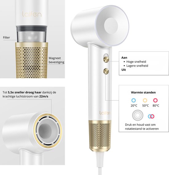 Laifen Swift Premium High Speed Föhn - Wit/Goud - Haardroger met ionische technologie - 3 warmtestan