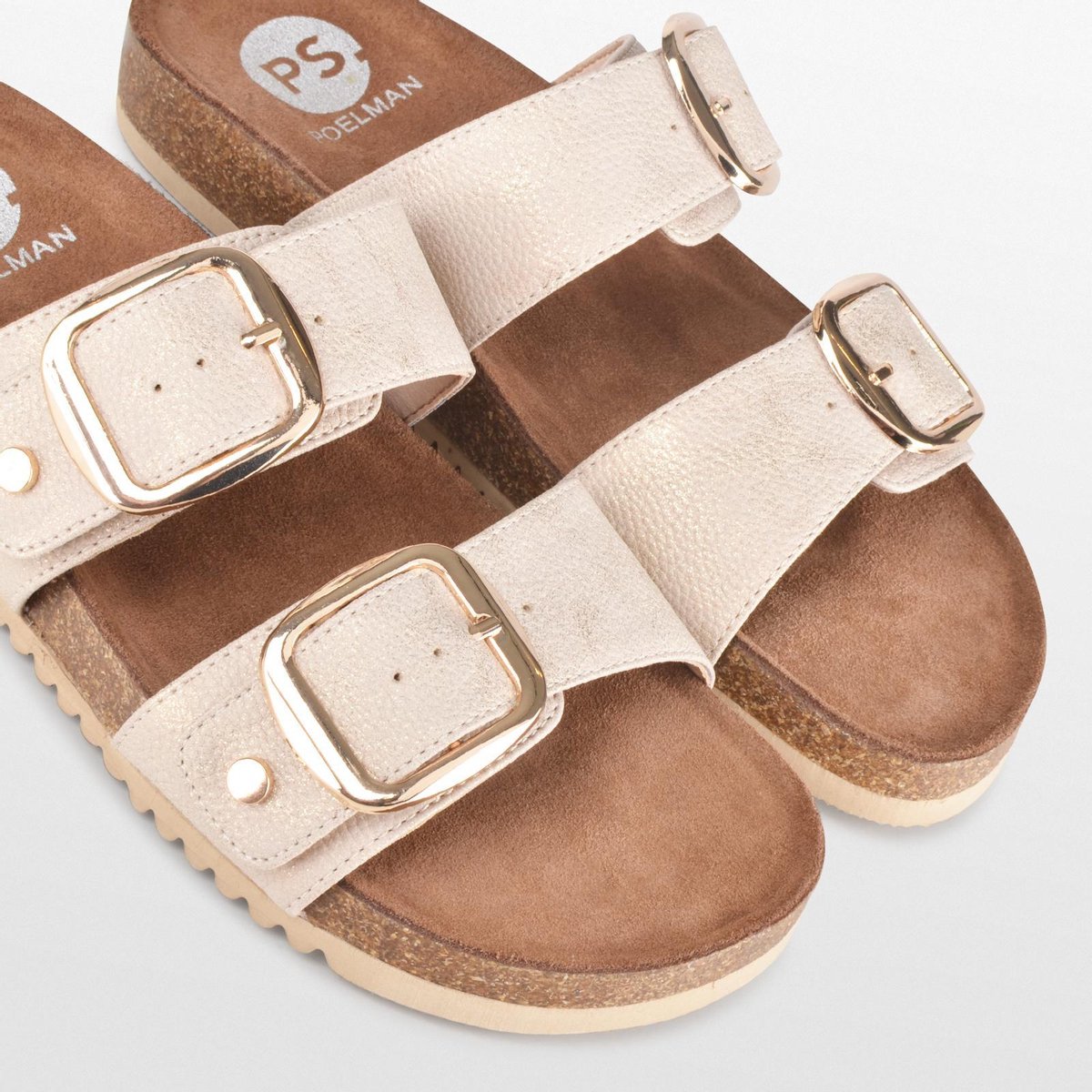 PS Poelman CURA Dames Faux PU Imitatie - Maat 40 - Leren Sandalen met Gespen - Metallic Licht Beige