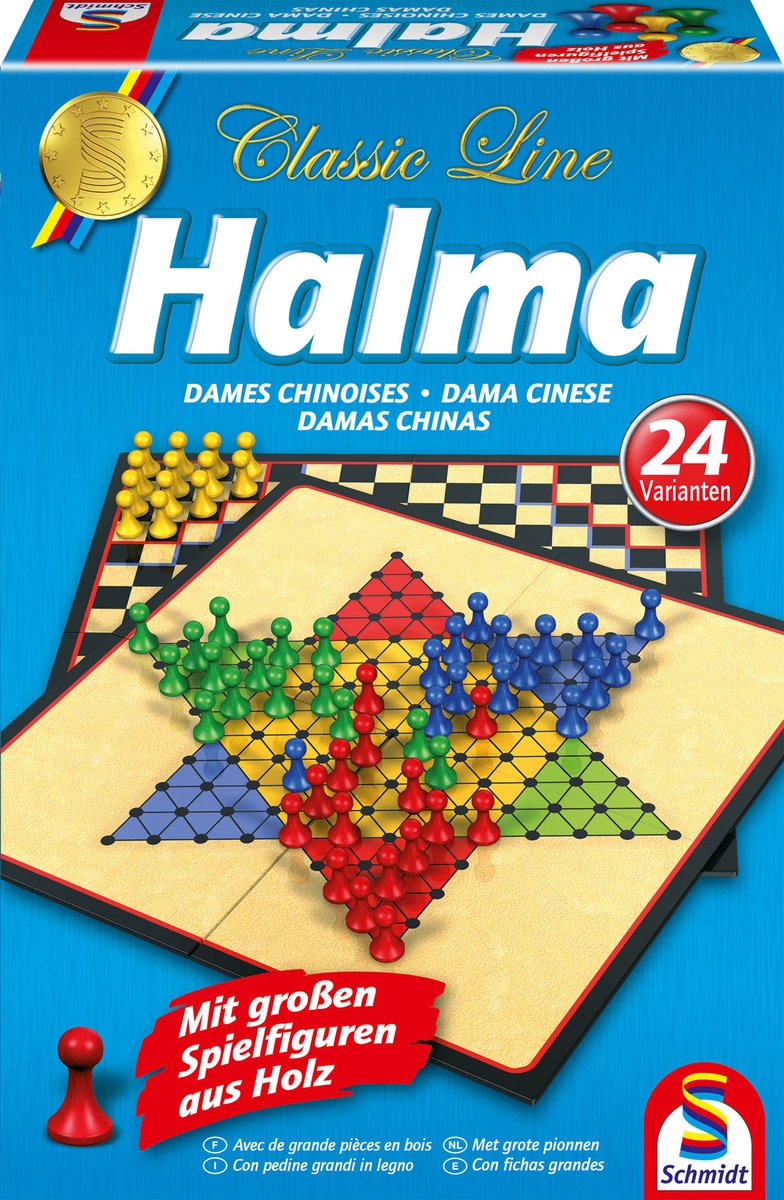 bordspel, damspel, houten stukken, 24 varianten, doos illustratie