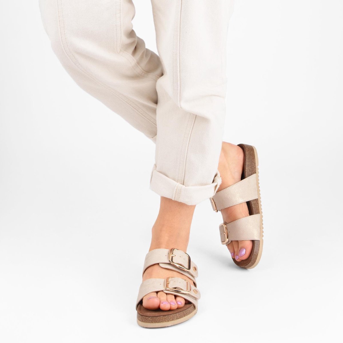 PS Poelman CURA Dames Faux PU Imitatie - Maat 40 - Leren Sandalen met Gespen - Metallic Licht Beige