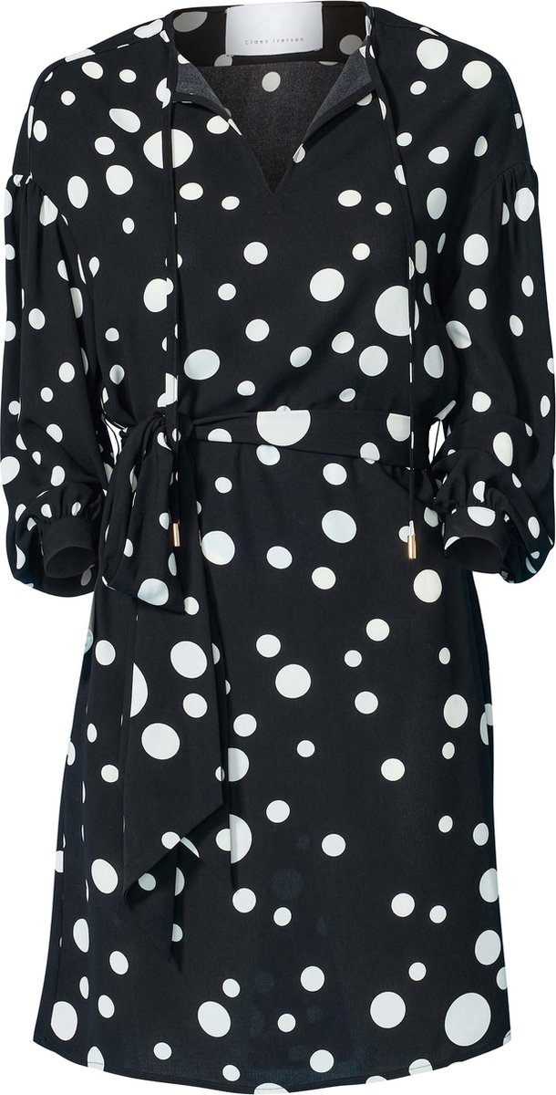 polkadot, jurk, kraagloze-insnijding, riemceintuur, largo-opsnapping