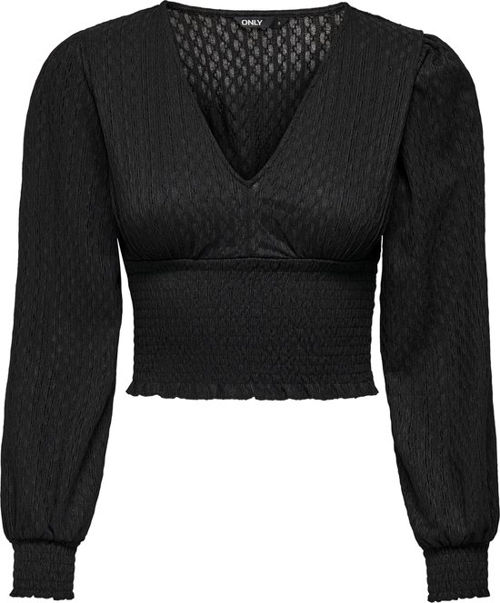 cropped top, zwart top, lange mouwen, smocked, v-hals