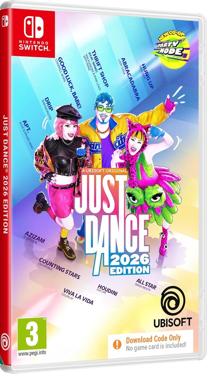 Nintendo Switch, Just Dance 2026 Edition, case art, multicolor, avatars dancers