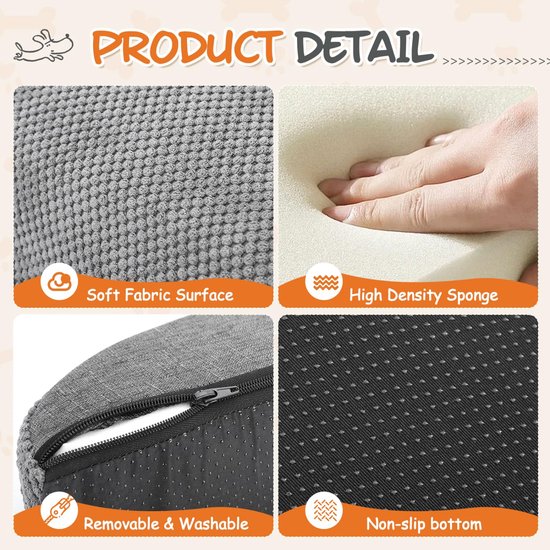 soft fabric surface, high density sponge, removable & washable, non-slip bottom, gray fabric