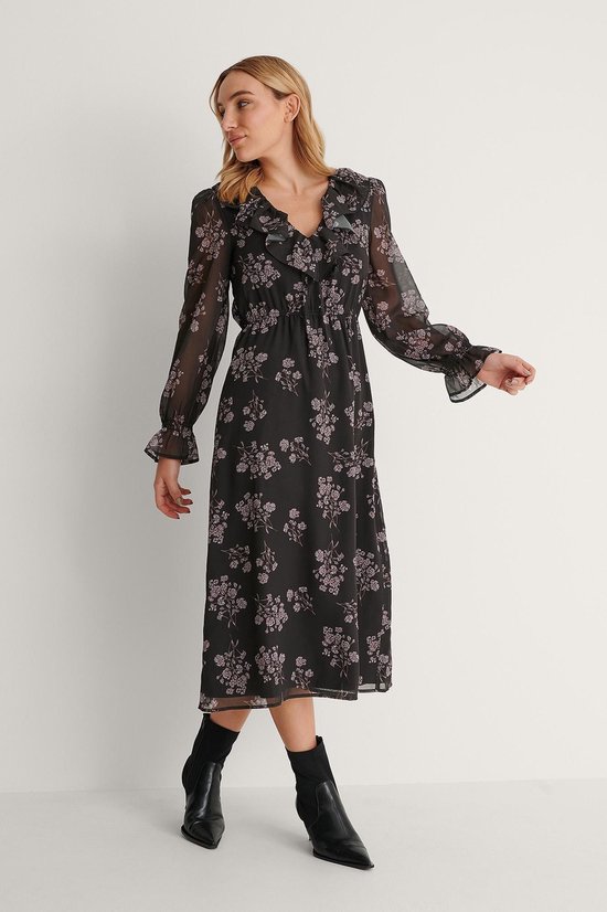 NA-KD Maat 42 Frill V-Neck Midi Dames Jurk