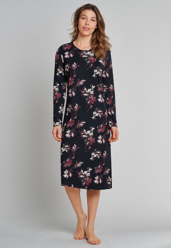 nachtblauw, bloemprint, mouwlang, knee-length, jurk