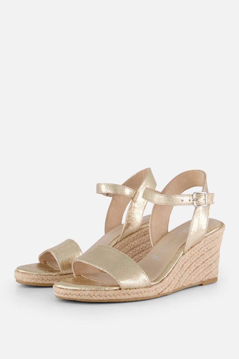 sandalen, wedge, goud, riemen, platform
