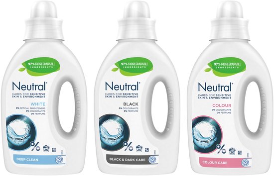 Neutral 0% - Vloeibaar Wasmiddelpakket - Wit + Zwart + Kleur - Parfumvrij - Voordeelverpakking - 3 flessen - 60 wasbeurten