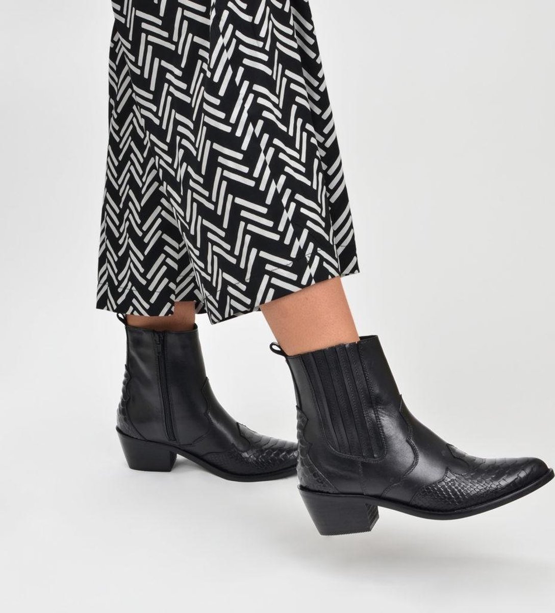 PS Poelman Leren Chelsea Enkellaarzen - mt 37 - met Western Snake Print Details - Tartor - Zwart - D