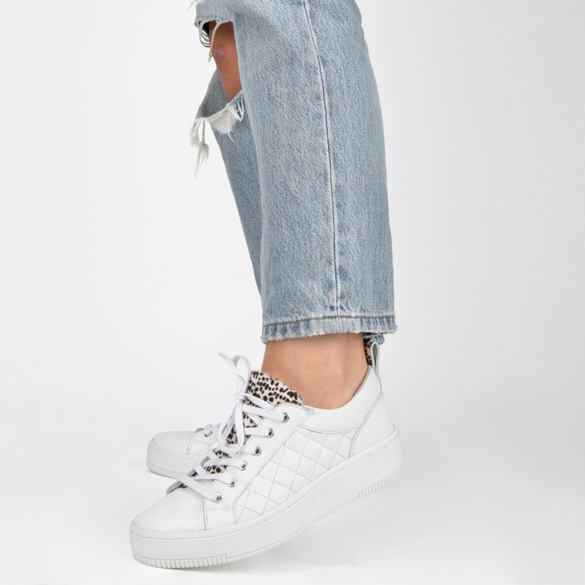 PS Poelman Esquimo Dames Quilted Leren Tennis Sneakers  - mt 38 - met Leopard Print - Wit