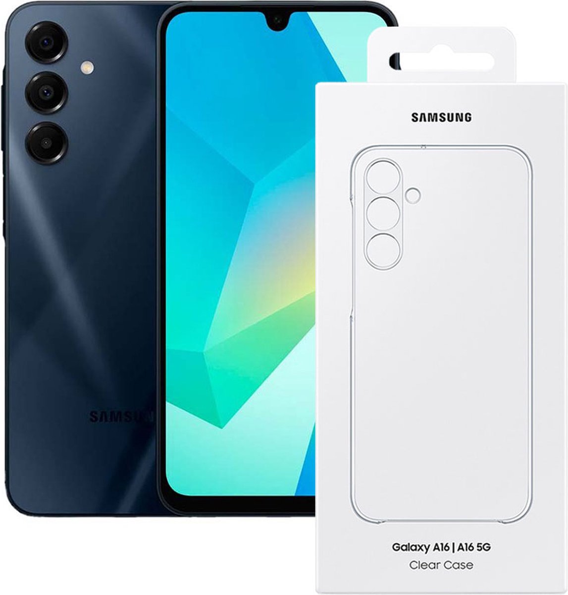 smartphone, galaxy a16, drie camera, doorzichtige hoes, telefoon verpakking